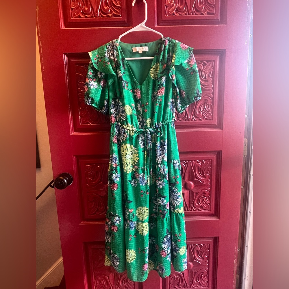 LOFT Green Floral Midi Dress With V-Neckline & Ruffled Sleeves Women’s XS Petite